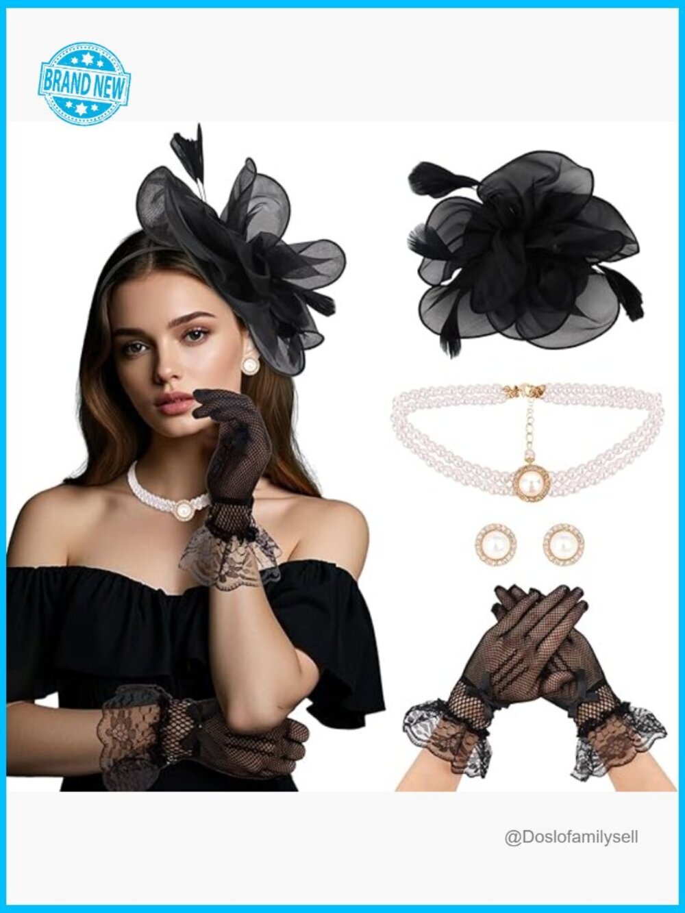 Fascinator Hat Set with Lace Gloves Pearl Necklace Earrings Feather Derby Hat